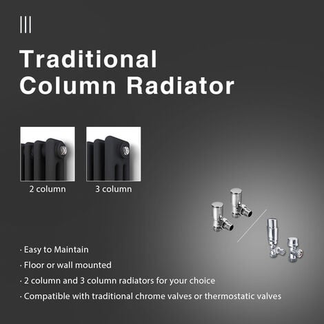 ELEGANT Traditional Radiator Anthracite Triple Vertical Cast Iron Grey Tall Radiator - Perfect for Kithcen, Living Room, Bathroom Radiators 3 Column 1800 x 470 mm + Angled Radiator Valves