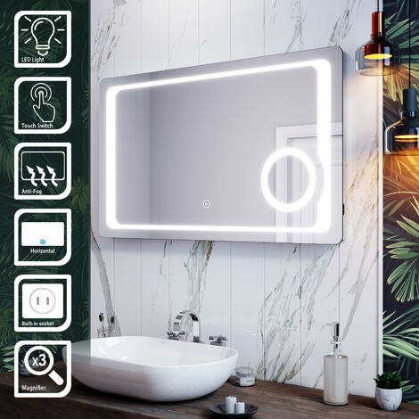ELEGANT Magnifying Bathroom Mirror LED Illuminated Mirror 1000x600mm Demister Mirror with Shaver Socket