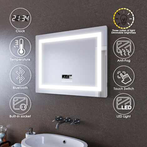ELEGANT LED Illuminated Bathroom Mirror with Light 800 x 600 mm Sensor + Demister + Bluetooth Audio + Shaver Socket + Temperature Display
