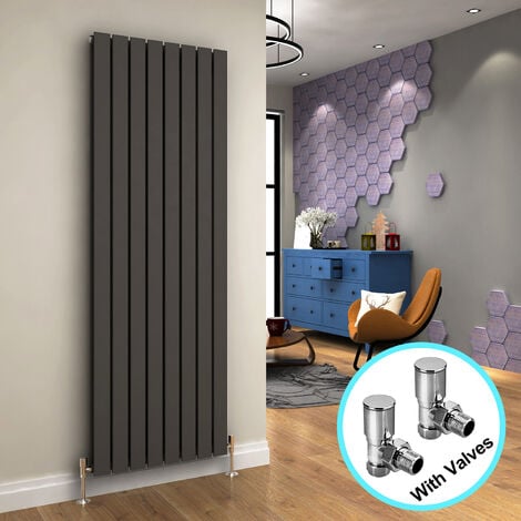 ELEGANT 1800 x 608 mm Vertical Designer Radiator Anthracite Double Flat Panel Column Tall Upright Central Heating Radiators + Angled Radiator Valves