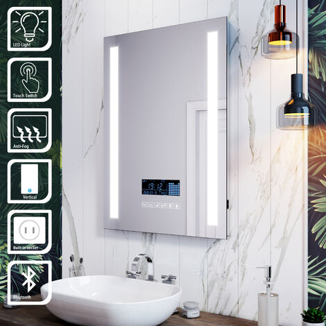 ELEGANT Bluetooth Audio Mirror Fast Anti-Fog Bathroom Mirror with LED 600x800mm Shaver Socket. Clock Function
