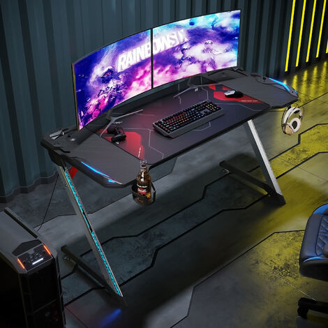 ELEGANT Gaming Desk with LED Lights Large Z-Shaped Office PC Gamer Tables Pro with RGB lighting for Home Office 140x60cm Headphone Hooks. Cup Holder Black Computer Table Workstation