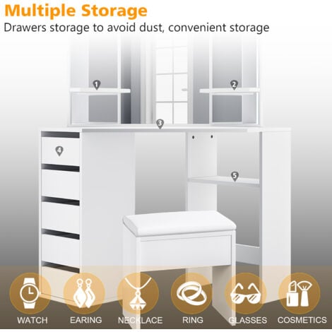 ELEGANT Corner Dressing Table Set Makeup Dresser Desk with 3 Large Mirrors 5 Drawers White Vanity Console Bedroom Modern Furniture with Stool