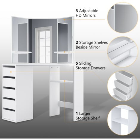 ELEGANT Corner Dressing Table Set Makeup Dresser Desk with 3 Large Mirrors 5 Drawers White Vanity Console Bedroom Modern Furniture with Stool