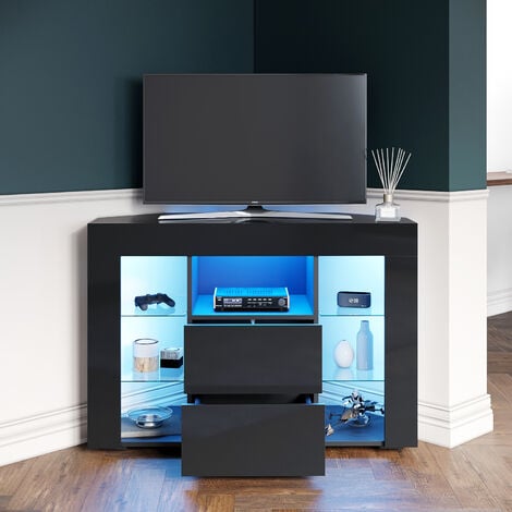 ELEGANT Corner TV Unit Stand High Gloss Cabinet with LED Lights Drawers Storage Black