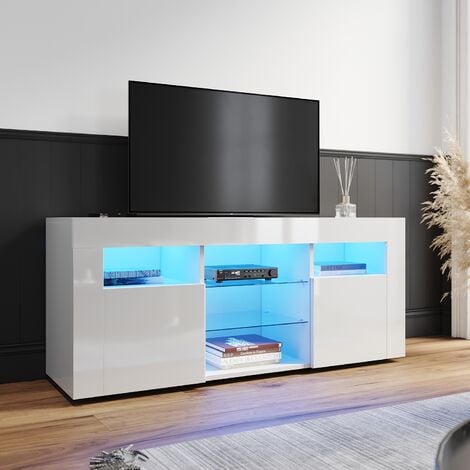 ELEGANT LED TV Unit 120cm High Gloss Modern TV Stand Cabinet with Ambient Lights for 32 40 45 50 inch 4k TV Living Room and Bedroom Furniture with Storage, White