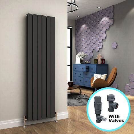 ELEGANT 1600 x 452 Vertical Radiator Anthracite Double Premium Mild Steel Flat Panel + Anthracite Thermostatic Radiator Valves (1/5)