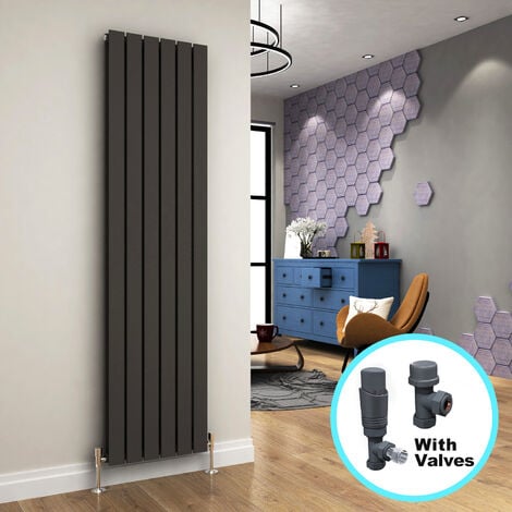 ELEGANT 1800 x 456 Vertical Radiator Anthracite Double Designer Vertical Column Radiator Flat Panel + Anthracite Thermostatic Radiator Valves
