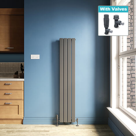 ELEGANT 1600 x 300 Vertical Radiator Anthracite Double Premium Mild Steel Flat Panel + Anthracite Thermostatic Radiator Valves