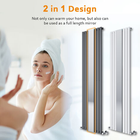 ELEGANT 1800 x 500 mm Vertical Mirror Radiator Designer Oval Column Panel Central Heating Radiators (Anthracite) + Anthracite Thermostatic Radiator Valves