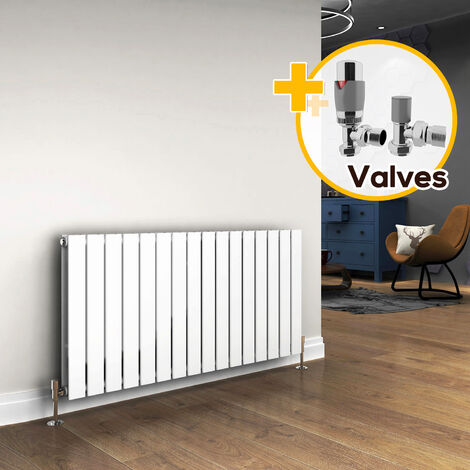 ELEGANT 600 x 1216 mm White Designer Radiators Horizontal Double Flat Panel Bathroom Radiator Heater + Chrome Thermostatic Radiator Valves (1/5)