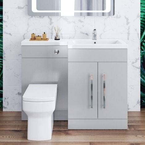 ELEGANT 1100mm Bathroom Vanity Sink Unit Furniture Storage.Right Hand Matte Grey Vanity unit + Basin + Ceramic Square Toilet with Concealed Cistern + toilet brush