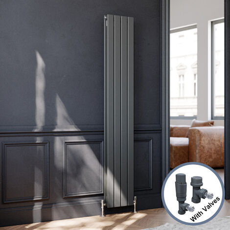 ELEGANT 1800 x 300 mm Anthracite Vertical Column Radiator Double Flat Panel Designer Bathroom Radiator + Anthracite Thermostatic Radiator Valves (1/5)