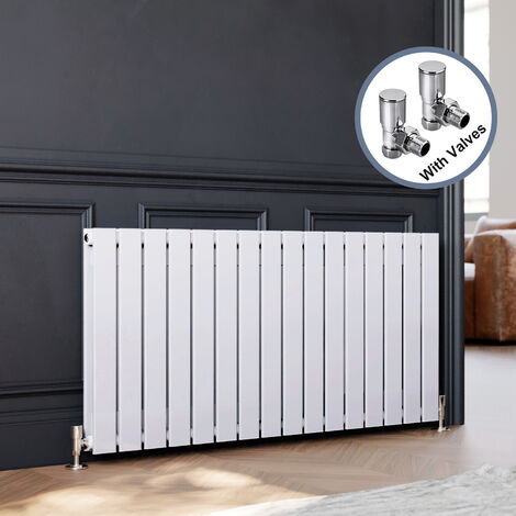 ELEGANT Designer Horizontal Flat Panel Radiator With Angled Radiator Valves 600x1216mm White Double Column (1/5)