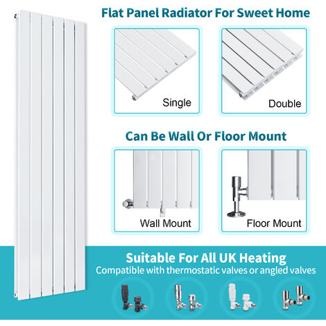 ELEGANT Vertical Flat Column Designer Radiator Wall/Floor Mounted Central Heating Rad 1800x300mm White Flat Double Panel Radiator