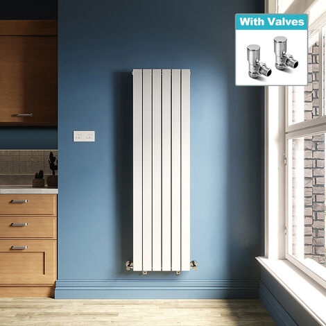 ELEGANT Designer Radiators Flat Panel 1600 x 452 mm White Double Vertical Angled Radiator Valves