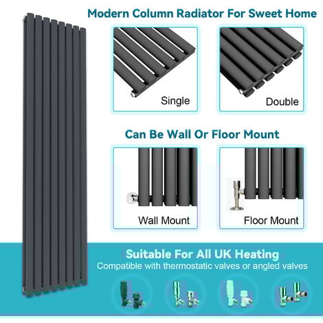 ELEGANT 1600 x 360 mm Modern Radiator Anthracite Vertical Column Oval Panel Single Heater for Contemporary Interiors