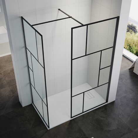 ELEGANT Black Polished Aluminium Frame Bathroom Shower Door Main Side.760mm Shower Screen + 700mm Side Panel + 1200x700mm Anti-Slip Resin Shower Tray