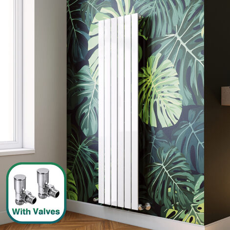 ELEGANT 1600 x 452 mm White Horizontal Column Radiator single Flat Panel Designer High Heat Output + Angled Radiator Valves (1/5)