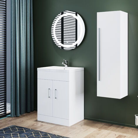 ELEGANT 594 x 446 x 800mm White Floor Standing Double Soft Close Doors Bathroom Vanity Units with High Gloss Resin Basin and White Bath Tall Cabinet. Large Storage Bathroom Cabinet