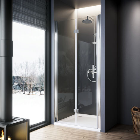 ELEGANT 800mm Folding Shower Screen Cubicle 6mm Tempered Glass Bi Fold Wetroom Shower Enclosure with Shower Base Tray 900x800mm and Waste Trap (1/5)