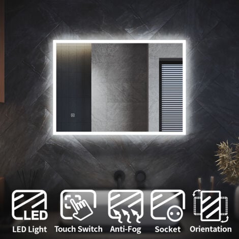 ELEGANT Backlit Bathroom LED Mirror with Shaver Socket 700x500mm Wall Mounted Bathroom Mirror with LED Lights Demister Pad Touch Switch Vertical/Horizontal