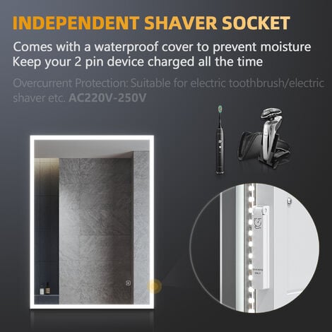 ELEGANT Backlit Bathroom LED Mirror with Shaver Socket 700x500mm Wall Mounted Bathroom Mirror with LED Lights Demister Pad Touch Switch Vertical/Horizontal
