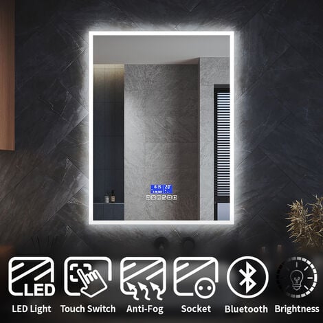 ELEGANT Bluetooth Bathroom LED Mirror with Shaver Socket 800x600mm Wall Mounted Bathroom Mirror with LED Lights Demister Pad Touch Switch Bright Adjustment Time Display Vertical/Horizontal