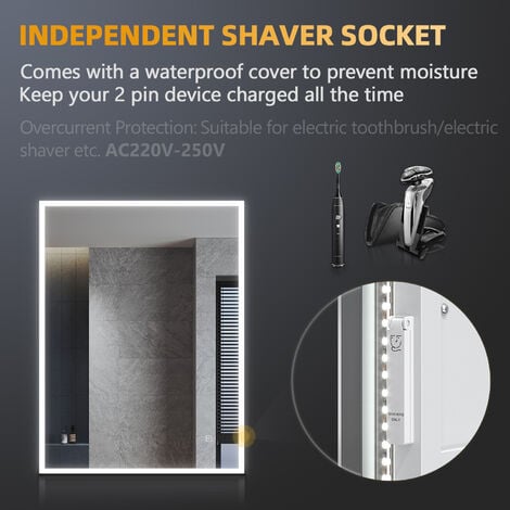 ELEGANT Backlit Bathroom LED Mirror with Shaver Socket 800x600mm Wall Mounted Bathroom Mirror with LED Lights Demister Pad Touch Switch Vertical/Horizontal