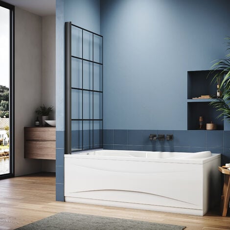 ELEGANT Bath Screen 800x1400mm Framed Matte Black Grid 5mm Safety Tempered Glass Panel with 180 Degree Pivot Bath Shower Screen