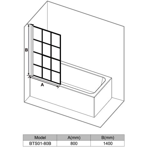 ELEGANT Bath Screen 800x1400mm Framed Matte Black Grid 5mm Safety Tempered Glass Panel with 180 Degree Pivot Bath Shower Screen