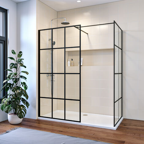 ELEGANT 1100mm Black Matt Walk in Shower Cabin with 700mm Side Screen Panel 8mm Safety Glass shower Enclosure + 1700x700mm Shower Base Tray + Free Waste Trap Include Double Stainless Steel Support Rod (1/5)