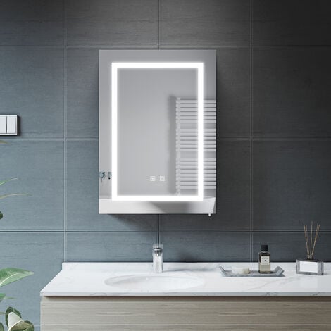 ELEGANT Bathroom LED Mirror Cabinet with Soft Close Bathroom Mirror Cabinet with Shaver Socket Demister Pad Stainless Steel 500x700x130mm
