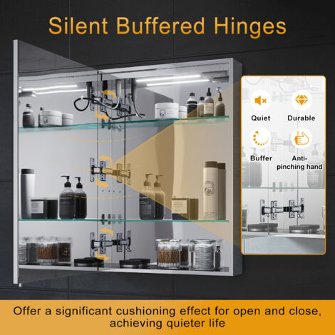 ELEGANT Bathroom LED Mirror Cabinet with Soft Close Bathroom Mirror Cabinet with Shaver Socket Demister Pad Stainless Steel 500x700x130mm