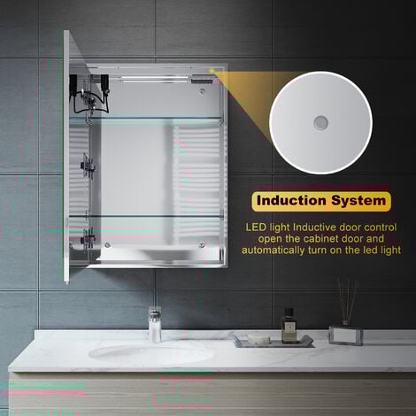 ELEGANT Bathroom LED Mirror Cabinet with Soft Close Bathroom Mirror Cabinet with Shaver Socket Demister Pad Stainless Steel 500x700x130mm