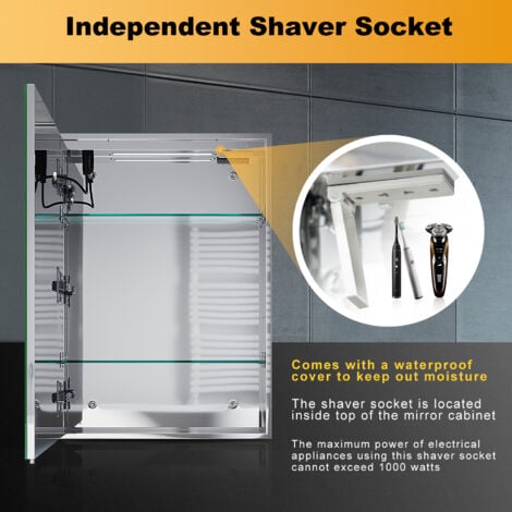 ELEGANT Bathroom LED Mirror Cabinet with Soft Close Bathroom Mirror Cabinet with Shaver Socket Demister Pad Stainless Steel 500x700x130mm