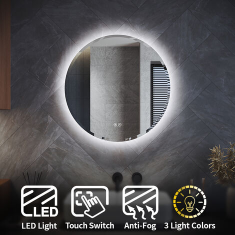 ELEGANT 600x600mm Round Illuminated LED Light Bathroom Mirror Wall Mounted Backlit Bathroom Mirror with Demister Pad, Adjustable Brightness & 3 Color (1/5)