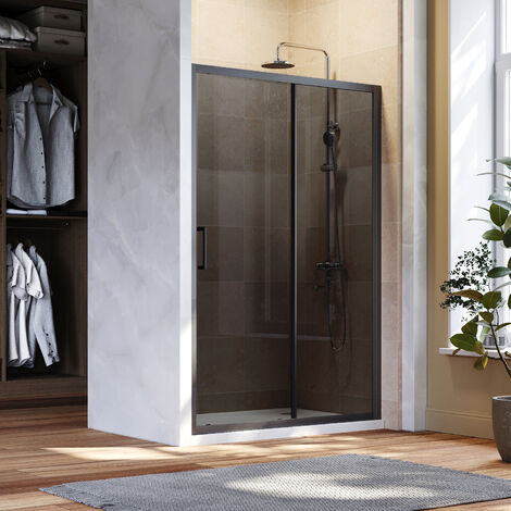 ELEGANT 1400mm Shower Cubicle Black Sliding Door 8mm Safety Easy Clean Grey Glass Screen with Shower Base Tray 1400x700mm and Waste Trap (1/5)