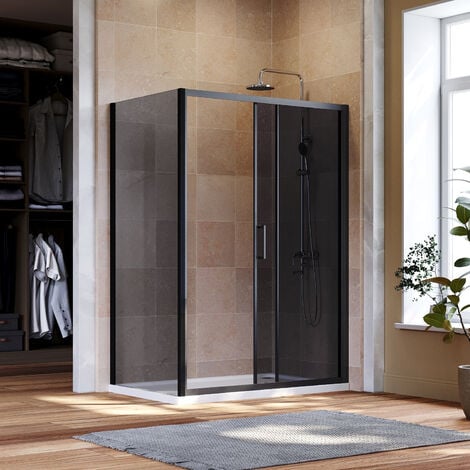 ELEGANT 1400mm Shower Cubicle Black Sliding Door 700mm Shower Screen ...