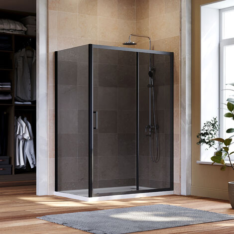 ELEGANT 1400mm Shower Cubicle Black Sliding Door 900mm Shower Screen Panel 8mm Safety Easy Clean Grey Glass Screen with Shower Base Tray 1400x900mm and Waste Trap (1/5)