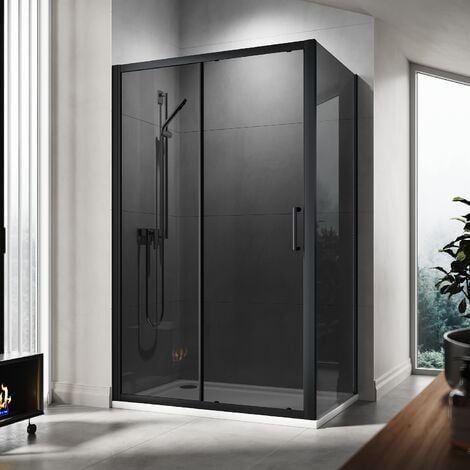ELEGANT 1000mm Shower Enclosure Black Sliding Door 700mm Side Screen Panel 8mm Grey Nano Coated Glass Cabin