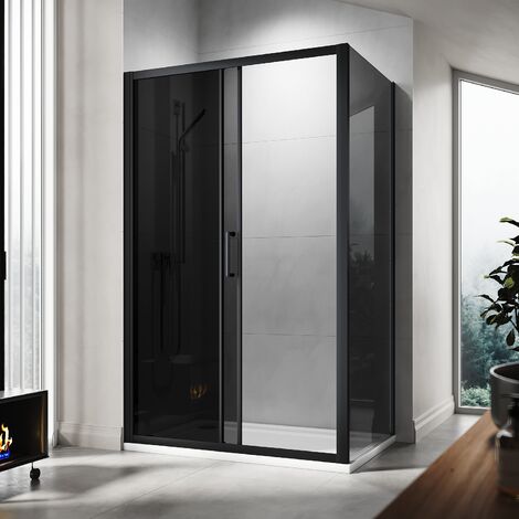 ELEGANT 1000mm Shower Enclosure Black Sliding Door 700mm Side Screen Panel 8mm Grey Nano Coated Glass Cabin