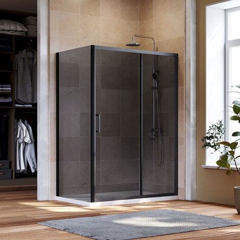 ELEGANT 1400mm Shower Cubicle Black Sliding Door 900mm Shower Screen Panel 8mm Safety Easy Clean Grey Glass Screen with Anti-Slip Shower Base Tray 1400x900mm and Waste Trap (1/5)