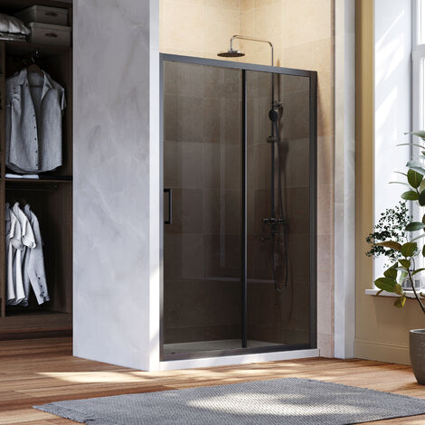 ELEGANT 1400mm Shower Cubicle Black Sliding Door 8mm Safety Easy Clean Grey Glass Screen with Anti-Slip Shower Base Tray 1400x800mm and Waste Trap