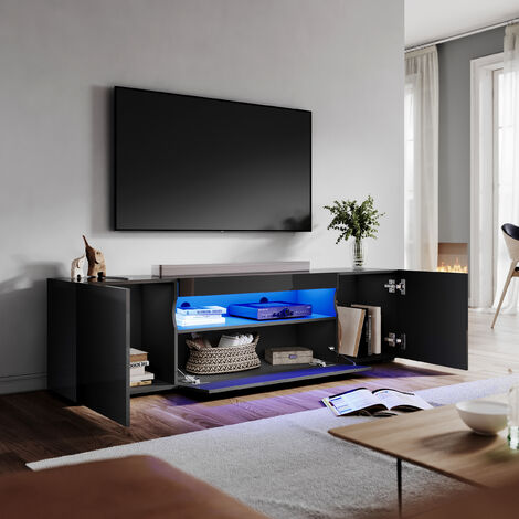ELEGANT TV Stand Black 1800mm MFC Modern TV Cabinet with LED Light High Gloss TV Entertainment Unit for Living Room Bedroom Furniture with Shelf and Storages