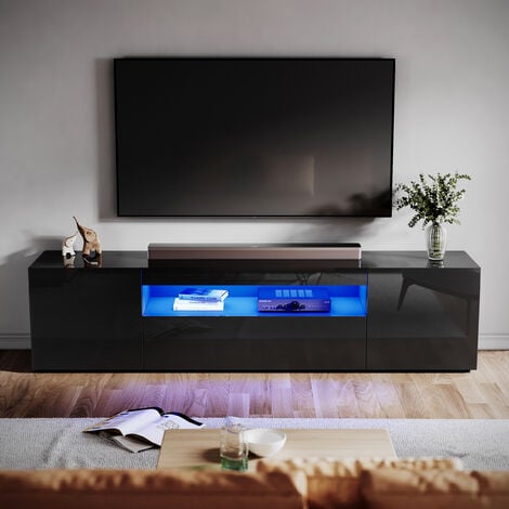 ELEGANT Modern TV Stand Black High Gloss LED Light TV Cabinet 2000mm Entertainment Unit for Living Room Bedroom Furniture with Shelf and Storages