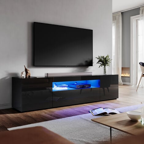 ELEGANT Modern TV Stand Black High Gloss LED Light TV Cabinet 2000mm Entertainment Unit for Living Room Bedroom Furniture with Shelf and Storages
