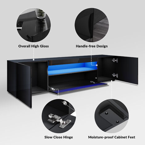 ELEGANT Modern TV Stand Black High Gloss LED Light TV Cabinet 2000mm Entertainment Unit for Living Room Bedroom Furniture with Shelf and Storages