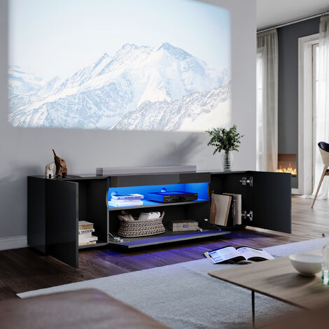 ELEGANT TV Stand Front High Gloss LED TV Cabinet Floor Stand TV Unit with Storage for Bedroom Living Room, 1800mm Black TV Entertainment Unit