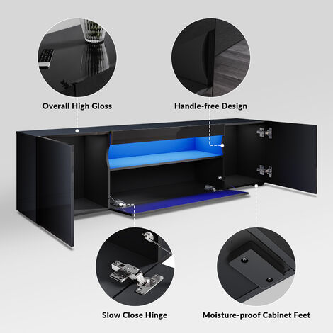 ELEGANT TV Stand Front High Gloss LED TV Cabinet Floor Stand TV Unit with Storage for Bedroom Living Room, 1800mm Black TV Entertainment Unit